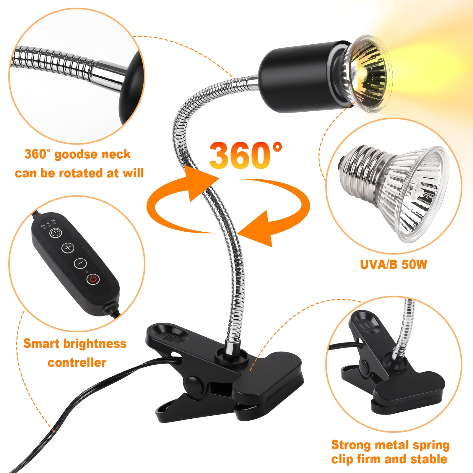 Reptile Heat Lamp with Clamp, UVA UVB Turtle Basking Light, Timer & Dimming, 360° Rotatable for Bearded Dragon/Lizard/Snake/Amphibians, 2 Bulbs 50W