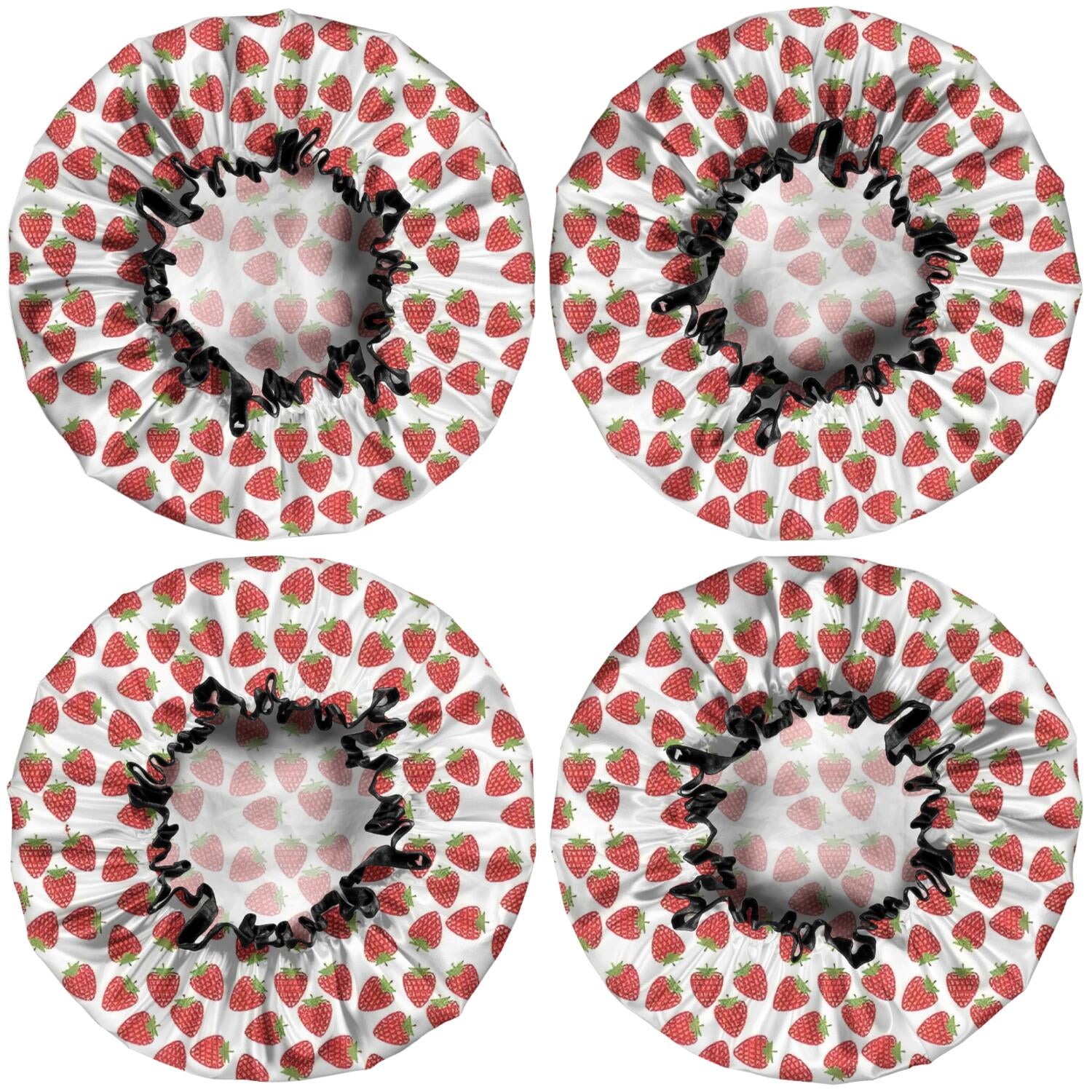 Shower Caps,Red Strawberry Plants White Pattern Waterproof Shower Cap for Women 4 Pieces,Double Reusable Hair Cover for Shower PEVA Elastic Stretch Hem