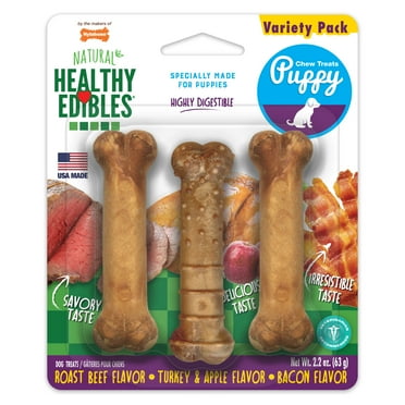 Nylabone Healthy Edibles All-Natural Long Lasting Puppy Chew Treats Roast Beef, Turkey, Apple, Bacon X-Small/Petite - Up to 15 lbs. (3 Count)