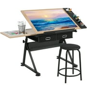 Pirecart Drafting Drawing Table, Adjustable Tiltable Tabletop Craft Table with Stool and Drawers