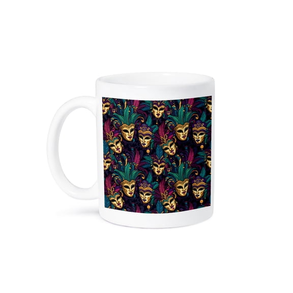 3drose, Stunning Yellow Masks Pattern, Feathers, on Black. Mardi Gras Gift, 11oz Mug