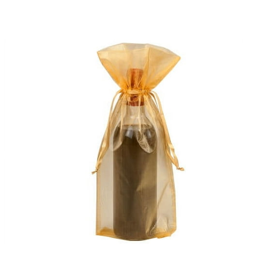 Pack Of 10, 6.5 x 15" Solid Gold Organza Wine Bags W/Satin Drawstrings