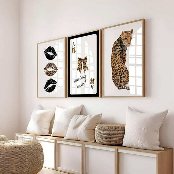 UNFFRAMED Leopard Wall Art Set, Bow Ace Card Poster, How Lucky Are We Poster, Trendy Cheetah Kiss Poster, Retro Cheetah Wall Art, Girly Dorm Decor Set 3 Prints 8x12
