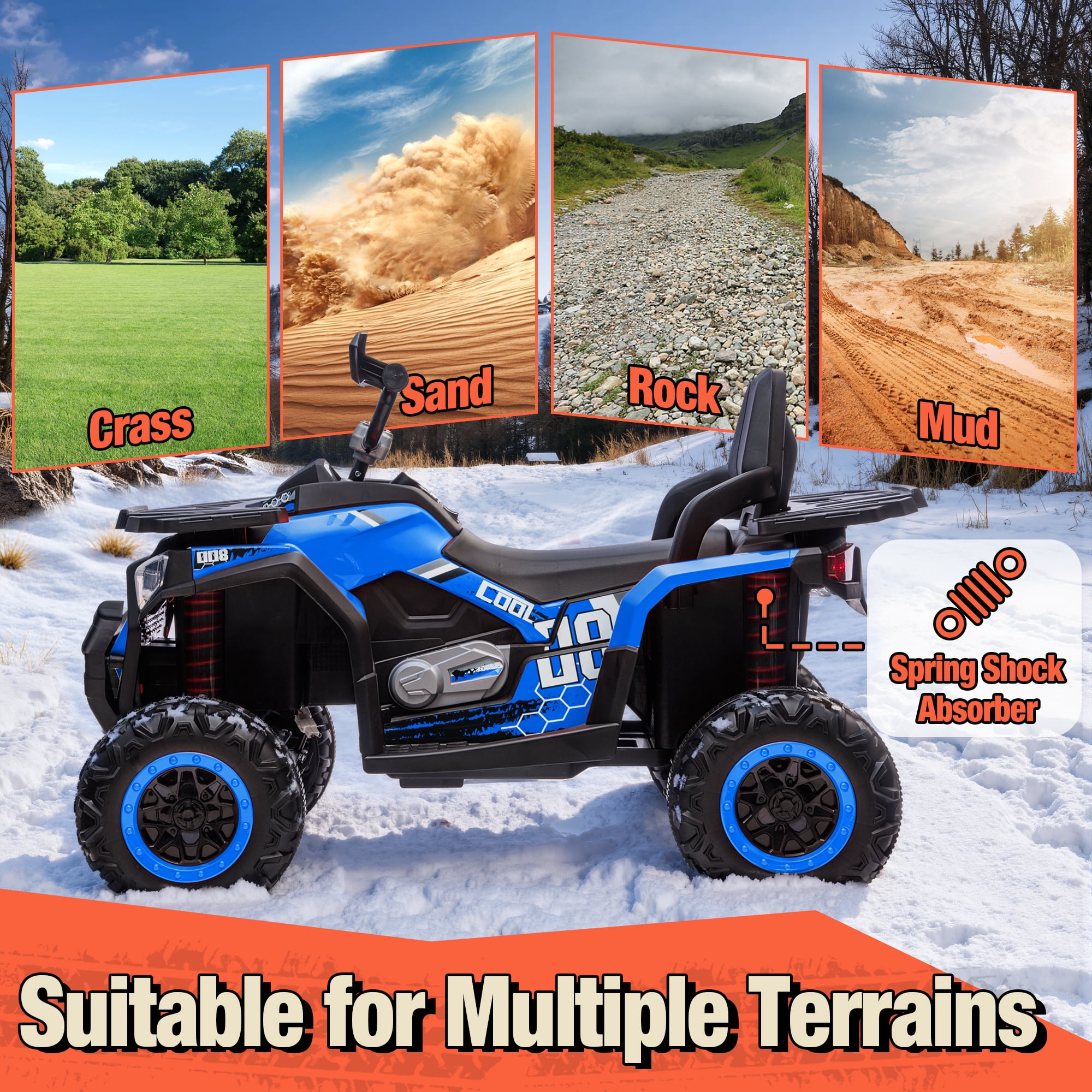 Joyracer 24V 4x4 Kids ATV Electric 4-Wheeler with Leather 2-Seater, 24 Volt Ride on Toys for Big Kids w/ Kneepads, 4x200W Motors, Bluetooth Music, Blue