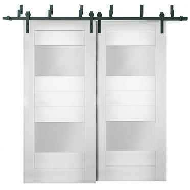 Sliding Closet Opaque Glass 2 Lites Barn Bypass Doors 64 x 80 inches / Sete 6222 White Silk / Modern 6.6ft Rails Hardware Set / Wood Solid Bedroom Wardrobe Doors
