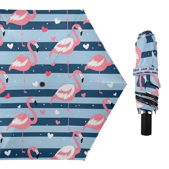 Flamingo with Heart Compact Sun Umbrella Windproof Travel Umbrellas for Rain Strong Portable UV Protection