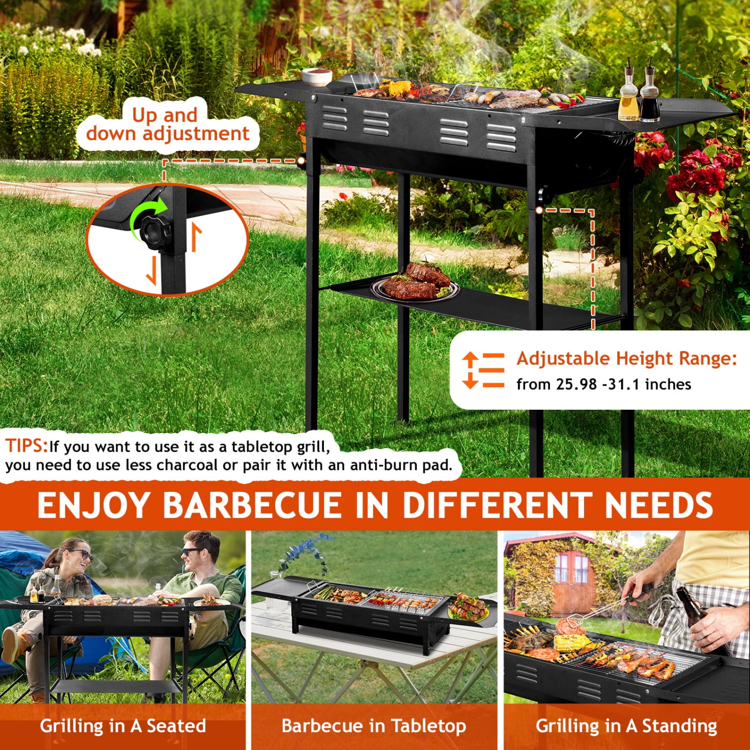 Charcoal Grills, Portable BBQ Griddle, Foldable Kabob Barbecue with Storage Shelf and Carry Bag for Outdoor Hibachi BBQ Lamb Skewer Camping Barbecue Grill in Garden Backyard Party Picnic Travel