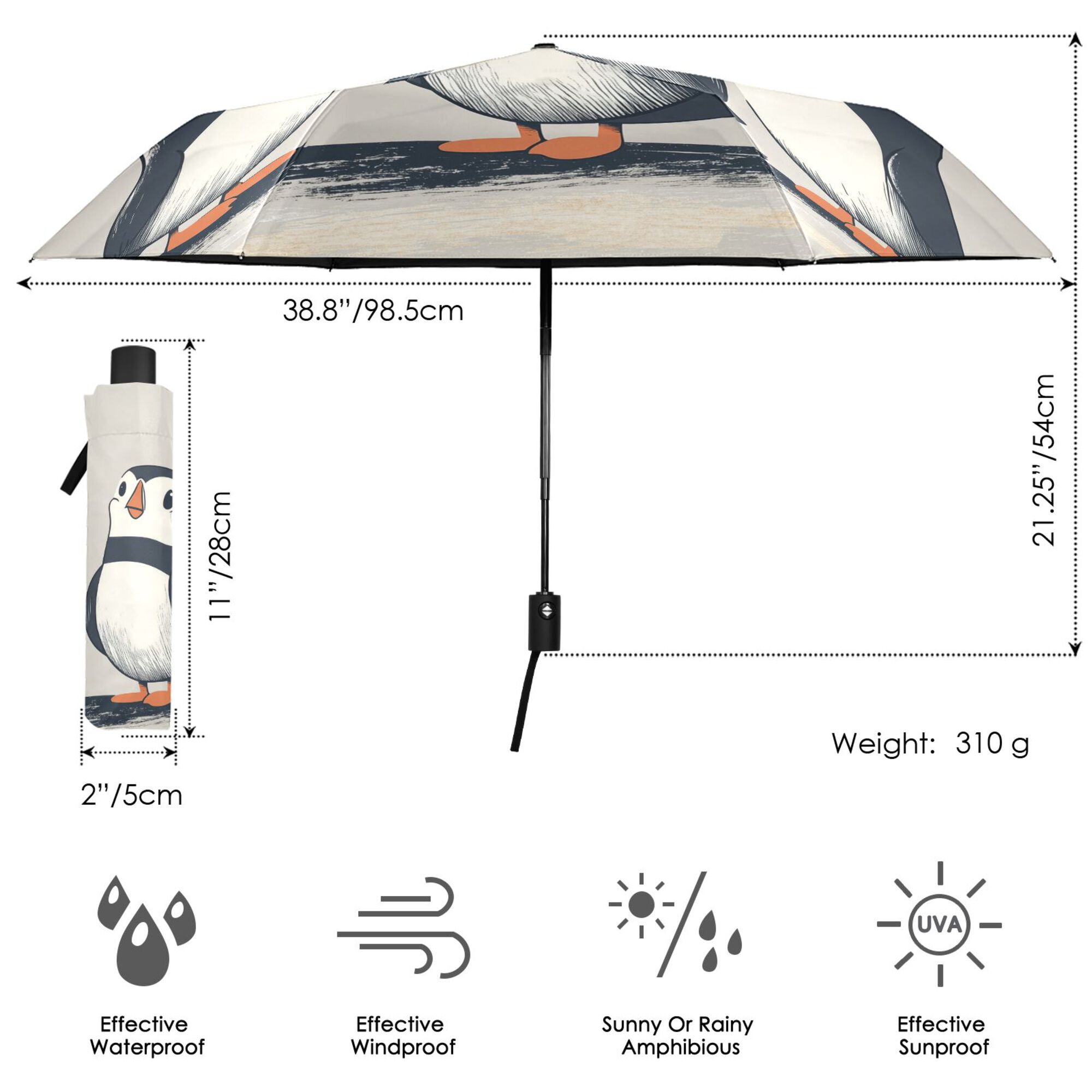 FORMRS Travel Umbrella Folding Auto Open Close Windproof Rain UV Protection, Cute Puffin