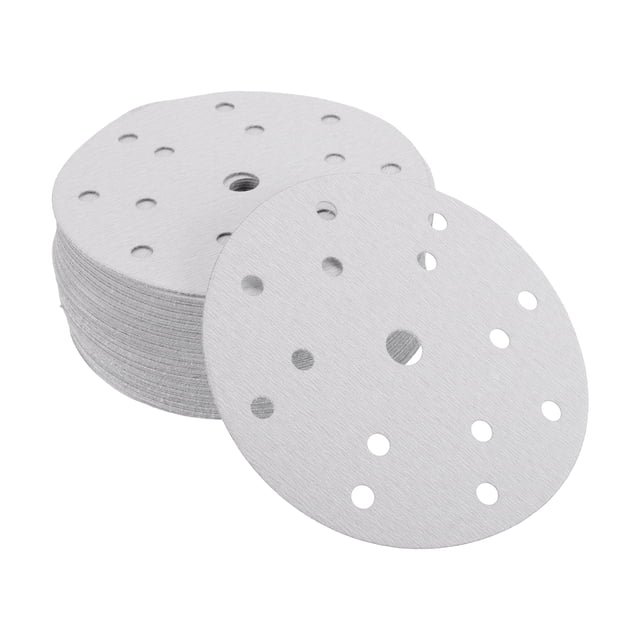 Discos de lija Unique Bargains, 5.91" 15 agujeros 600 grano papel de lija redondo para reparación automotriz con gancho y bucle de óxido de aluminio blanco, 50 piezas