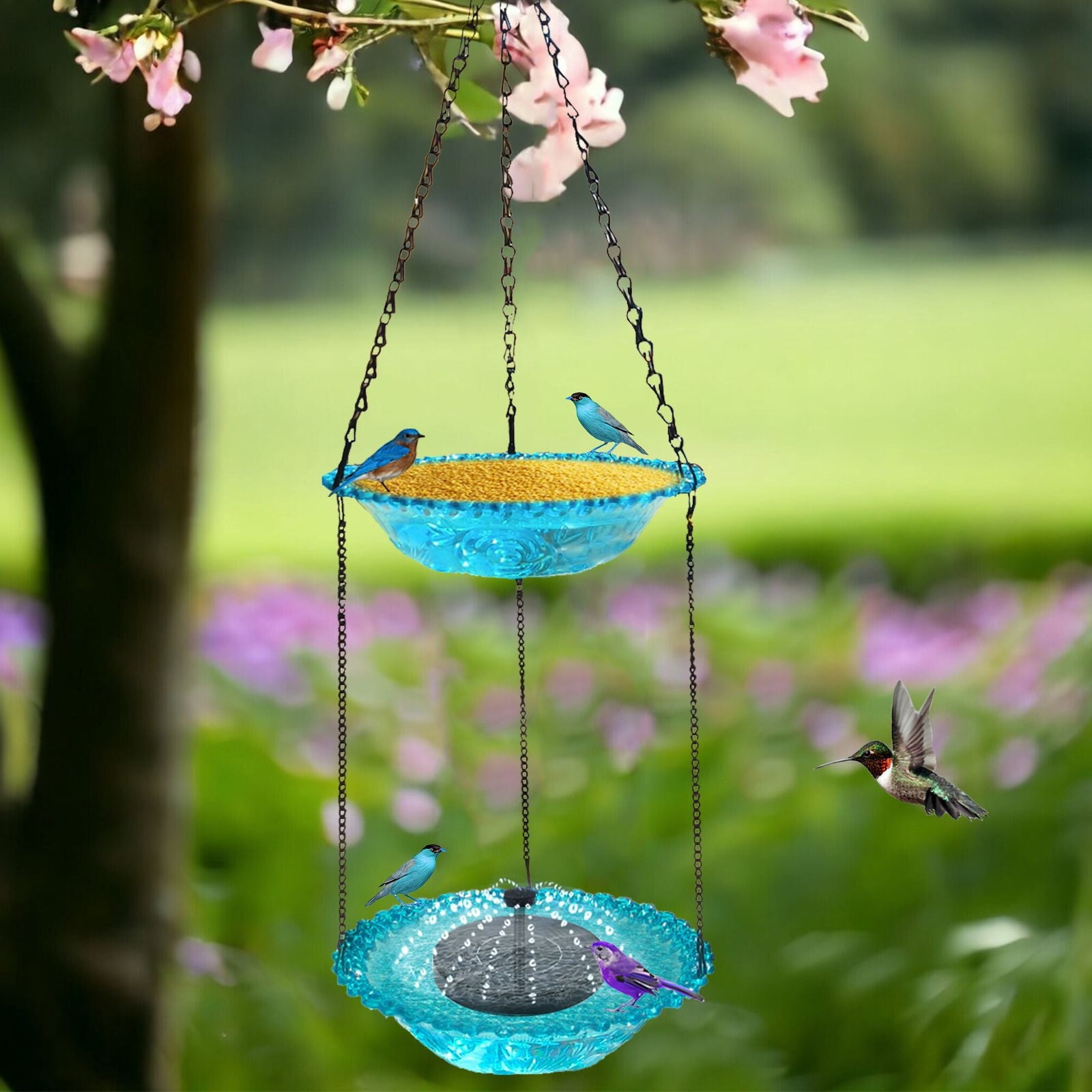 Solar Cascade Hanging Bird Bath Fountain, Double Layer Outdoor Hummingbird Bath with Feeder, Solar Powered Birdbath Water Kit, Decor for Patio Yard Garden