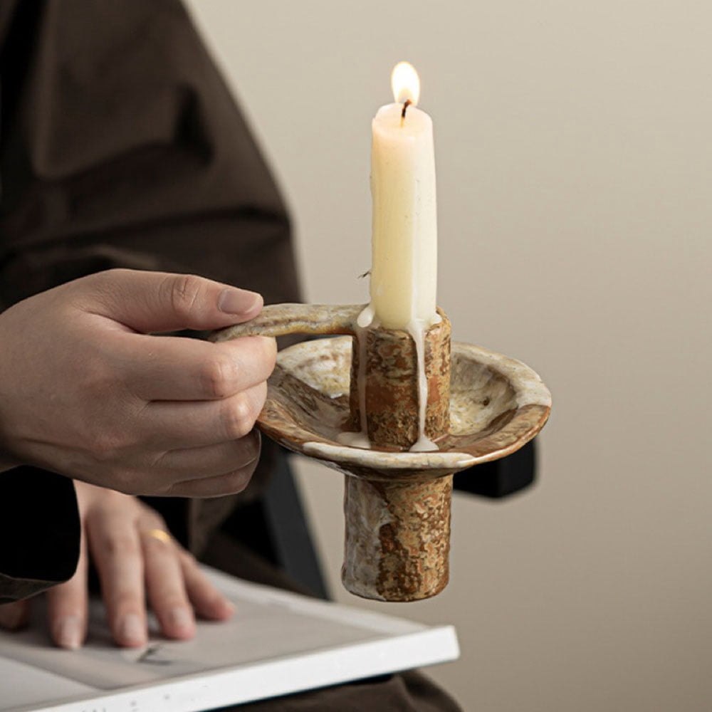 Handmade Vintage Ceramic Candle Holder Candle Accent with Handle Glossy Home Decor for Dining Rooms
