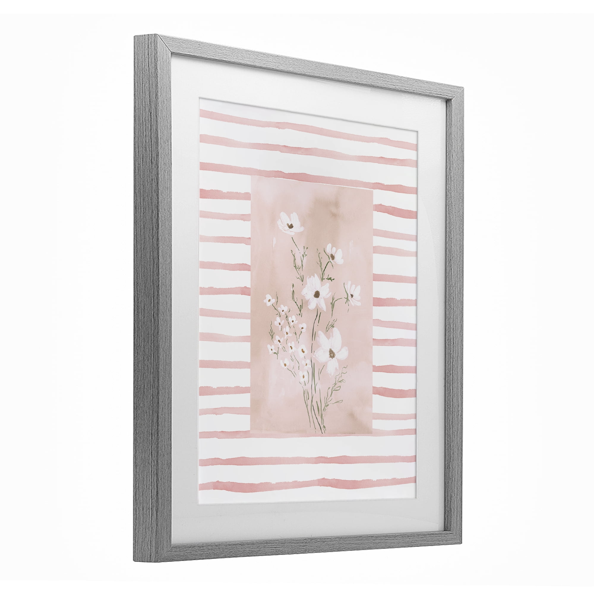 Stupell Industries White Cosmos on Pink Stripes Gray Framed Print Under Glass, design by Lucille Price