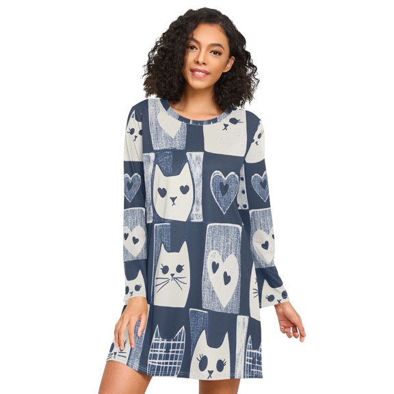 FORMRS Womens Long Sleeve Nightgowns Crew Neck Sleep Shirt Soft Pajamas Sizes S-3XL, Blue Cats and Hearts