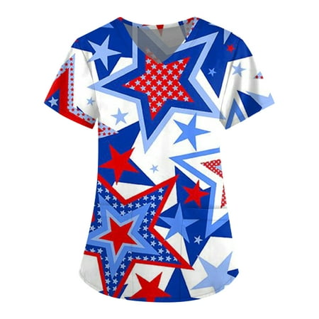

Sksloeg Women s Scrub American Star Stripes Pattern Patriotic Top V-Neck Workwear Short Sleeve T-Shirts with Pockets Nursing Working Uniform Blue XXXL