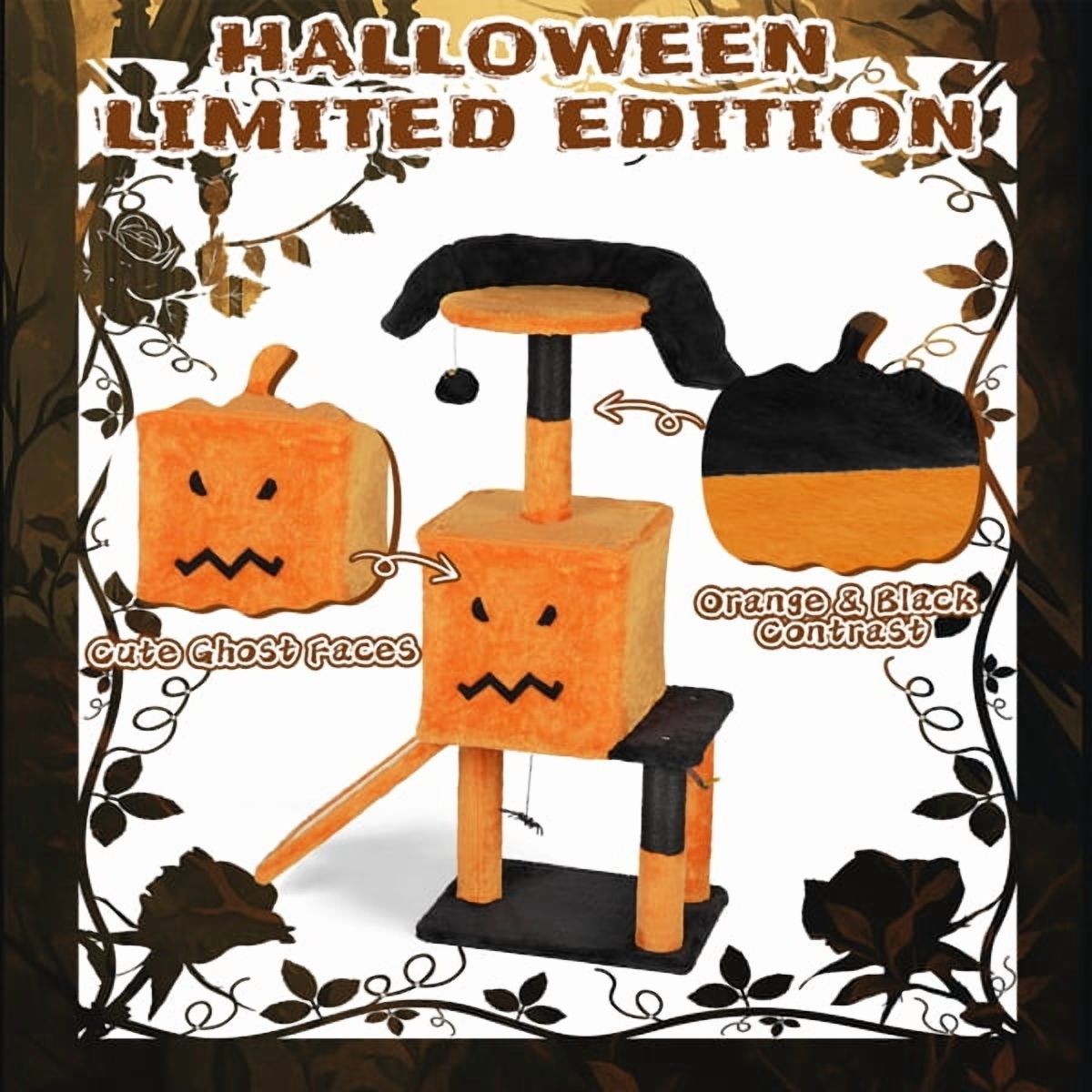 39.4" Halloween Cat Tree, Cat Tower Cat Tree for Indoor Cats with Spacious Cat Condo, Sisal Scratching Posts, Hanging Toys, Orange & Black