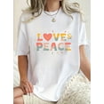 thumbnail image 1 of T-shirt Graphique Coloré "LOVE & PEACE" pour Femmes - Col Rond Manches Courtes, Mélange Polyester-Spandex Confortable, Lavable en Machine, Fête des Pères, Fête des Mères, Nouvel An, Festival de Printemps, 1 of 7