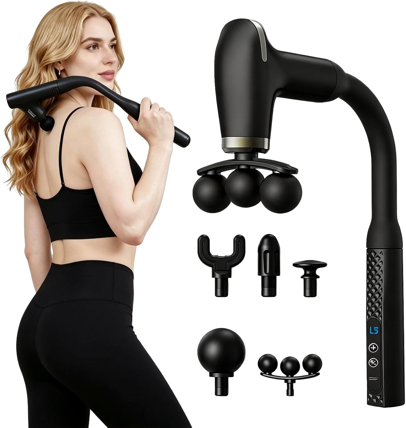 Self Back Massager for Deep Tissue,Hard-to-Reach Areas,9 Modes-9 Adjustable Intensities,Massage Gun with Extension Handle,for Muscle Neck Shoulders Waist Legs,Post-Workout Recovery (Silver)