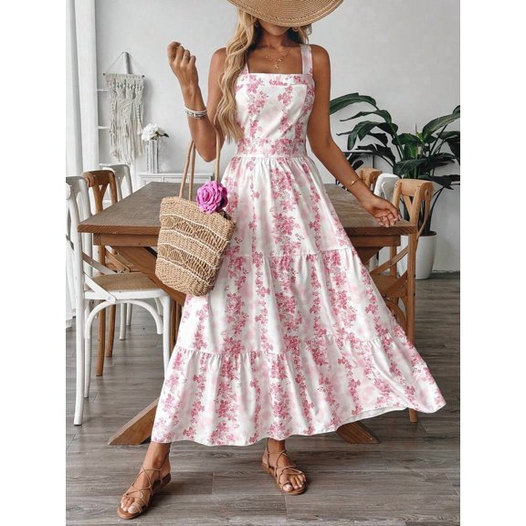 Pink Floral Print Sleeveless Tiered Maxi Dress With Square Neckline For Women