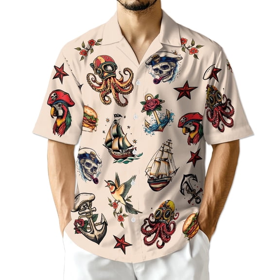 Netecom Summer Tattoos Hawaiian Shirt for Men, Button Down Summer Beach Short Sleeve, Retro Style, Sizes S-5XL