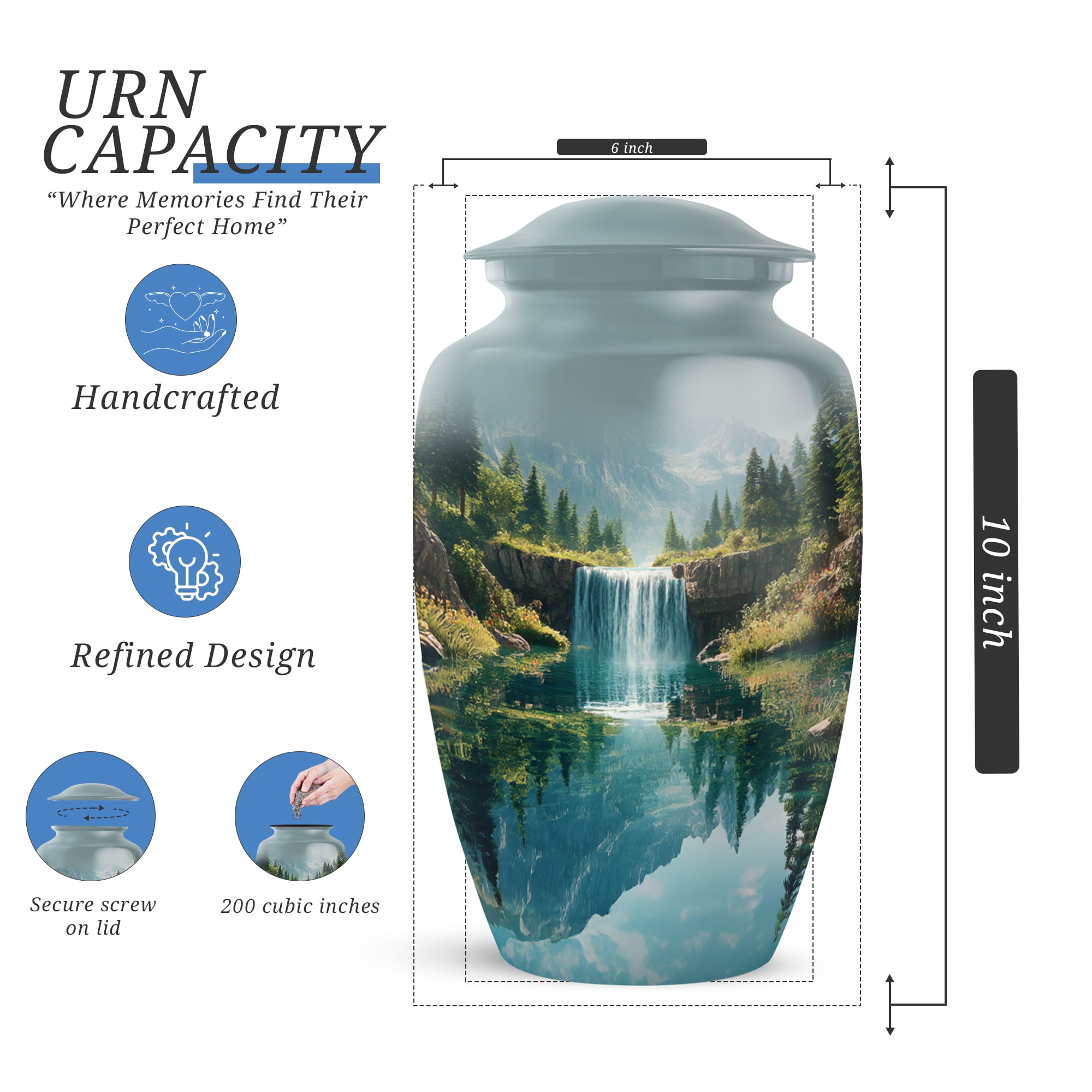 Waterfall Large Decorative Urns For Human Ashes Women, Cremation Urns For Adult Ashes, Blue Urn For Mom And Dad, Funeral Urn For Adults Male And Female, 10 Inch