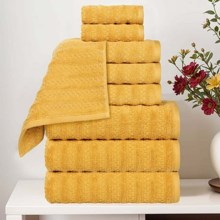Superior Zuma Waffle Textured Stripes Zero Twist 9 Piece Towel Set, Gold