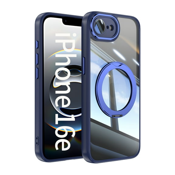 Case for iPhone 16e Case Ring Holder Kickstand Built-in Camera Lens Protector Anti-Scratch Shockproof Dustproof Protection Rugged Phone Case Cover for iPhone 16e, Blue