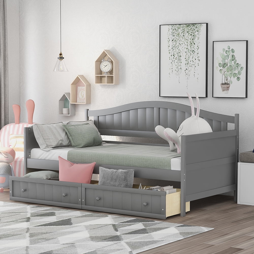 Twin Wooden Daybed with 2 Drawers, Sofa Bed for Bedroom Living Room, White