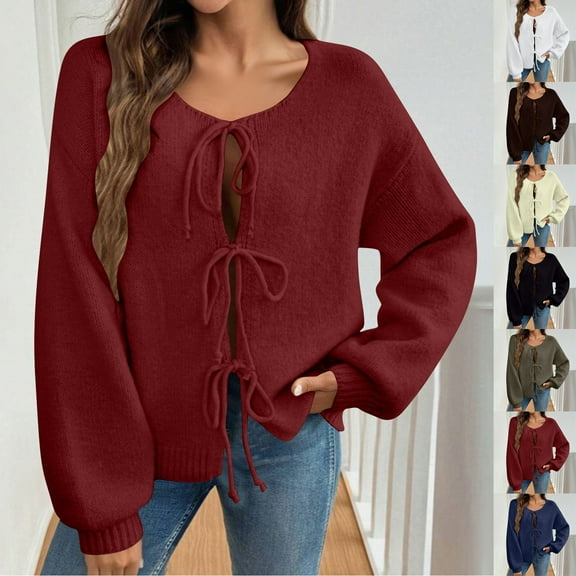 AGWOLF Cardigan Sweaters for Women Trendy Bow Tie Open Front Cardigan Casual Knitted Lantern Sleeve Sweater Fall Winter Oversized Tops