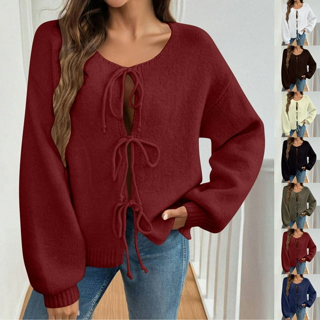 Yuyuzo Womens Cardigans Long Sleeve Tie Front Crewneck Knit Dropped Shoulder Sweater Fall Winter Cropped Jacket