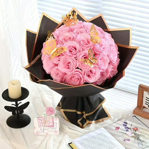 Miguan 24 Glitter Valentine Roses Bouquet Artificial Roses Flowers with Stems for Anniversary Graduation Birthday Wedding Valentine(Pink)