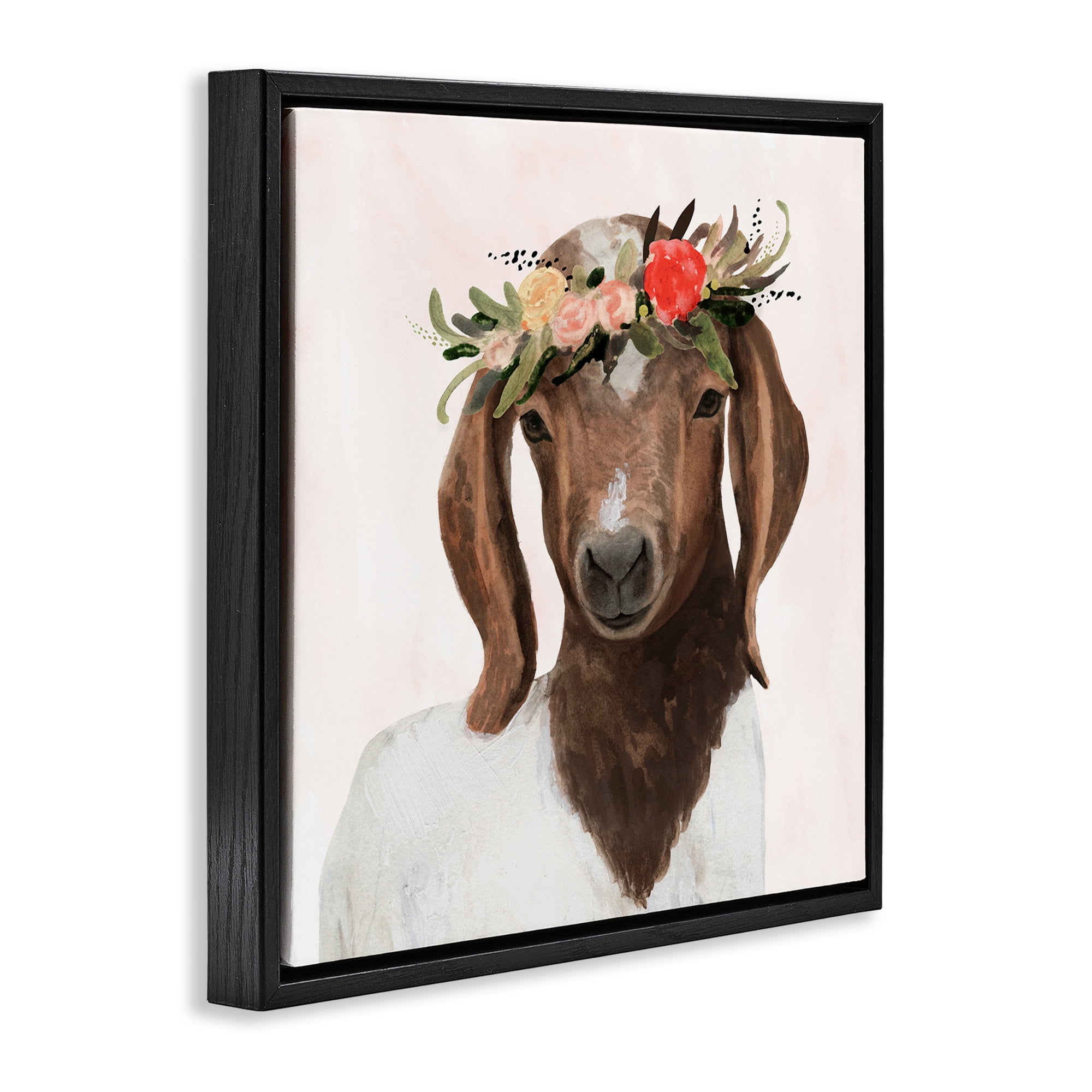 Stupell Industries Springtime Flower Crown Long Ear Goat Animals & Insects Painting Black Floater Framed Canvas Art Print Wall Art, 25 x 25