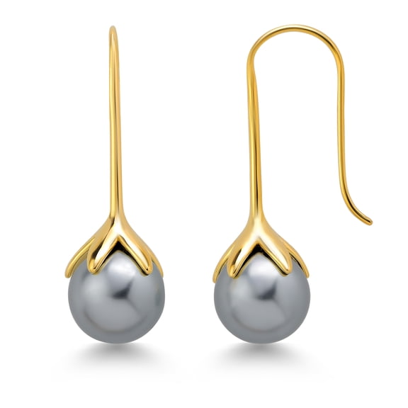 Gem Stone King 18K Yellow Gold Plated Silver 10MM Shell Pearl Bead Dangle Frenchwire Earrings for Women