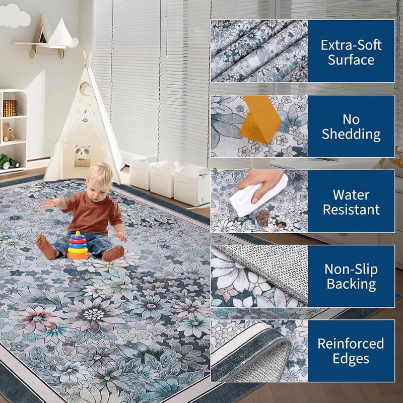 9'x 12' Runner Rug for Hallways Kitchen Non Slip Washable Rugs with Rubber Backing Soft Floral Carpet Runner for Hallways, Kitchen, Laundry, Bedroom, Bathroom-Gary BLue