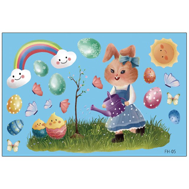 Style 2 Hoja de pegatinas de Pascua, calcomanía de electricidad estática de Pvc con huevo de conejito de dibujos animados, decoración de pared