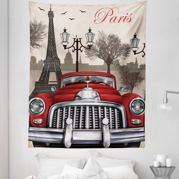 Landscape Tapestry, European Parisian City Scenery with Old Auto Mousque and Eiffel Silhouette Art, Fabric Wall Hanging Decor for Bedroom Living Room Dorm, 5 Sizes, Red Cream Grey, by Ambesonne