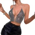 thumbnail image 2 of Women Sexy Sparkly Rhinestones Mesh Tank Top See Through Hollow Out Crop Top Raves,Party,Clubwears Halters Camisole Top Black L, 2 of 4
