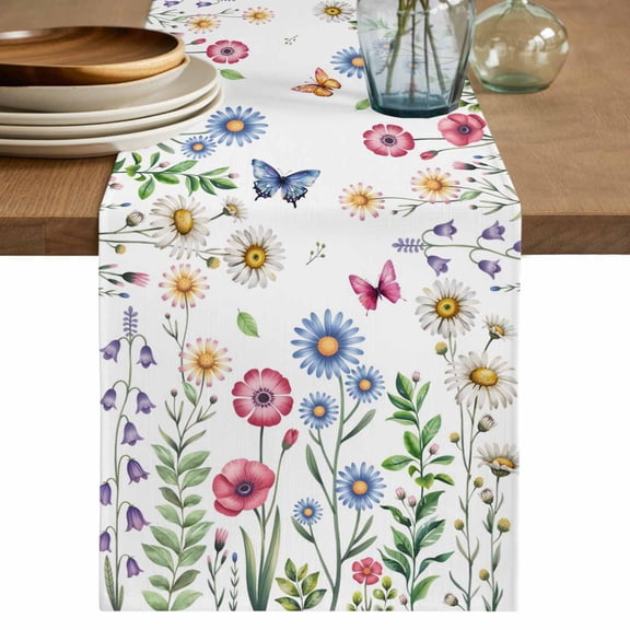 Table Runner 72 Inches Long for Kitchen Dining, Spring Floral Dresser Scarf Farmhouse, Dining Table Decorations for Wedding/Parties, Pink Blue Flowers Botanical Butterflies 18 x 72 In