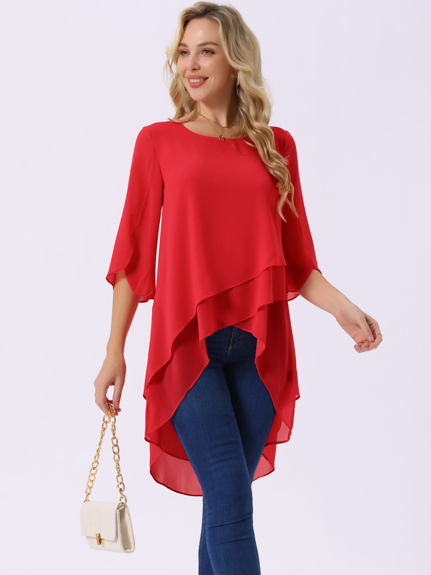 DARING DIVA Women's 3/4 Sleeve High Low Hem Scoop Neck Chiffon Blouses XL Red