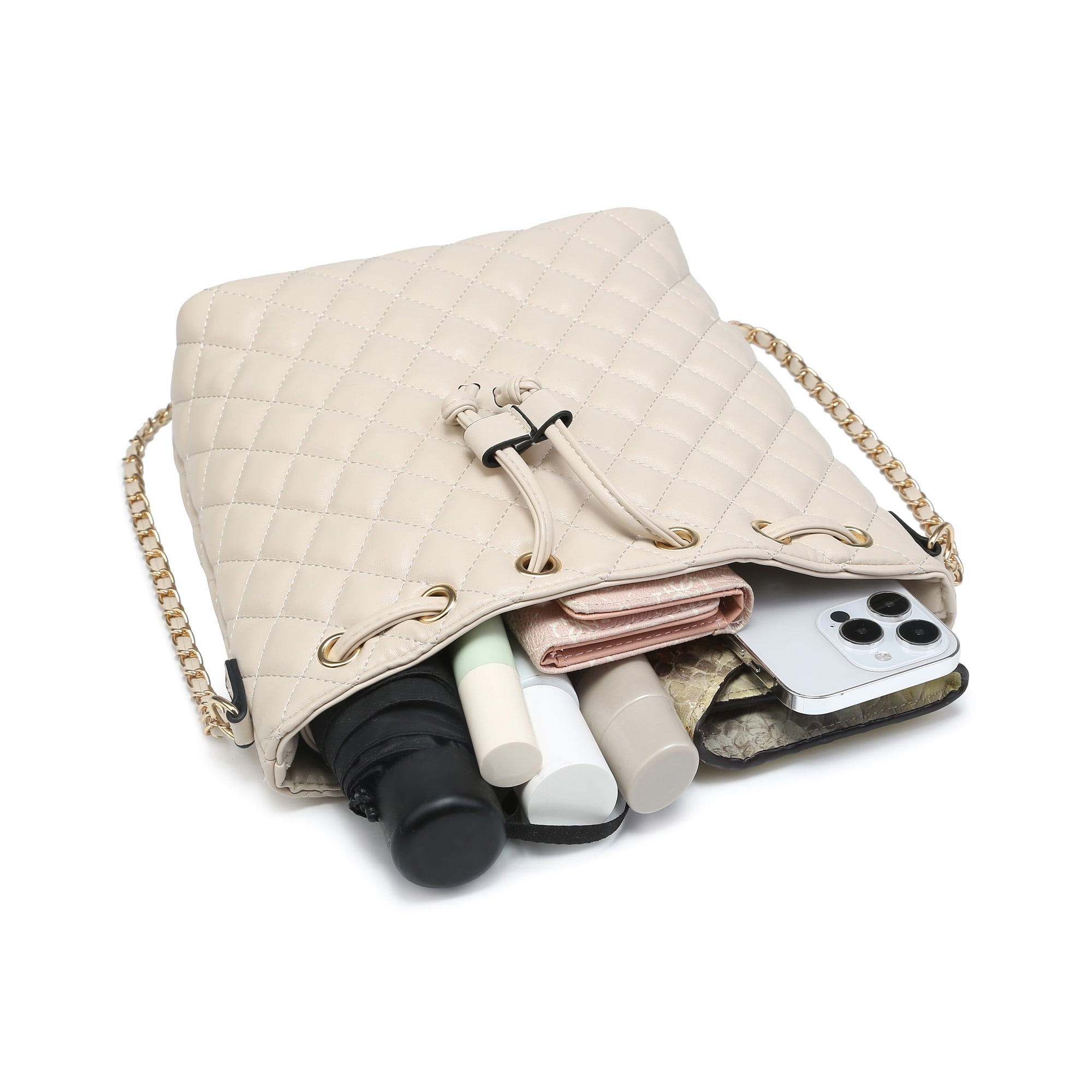 Poppy Women's Vegan Leather Quilted Crossbody Shoulder Purse Drawstring  Bucket Bag Messenger Bag 