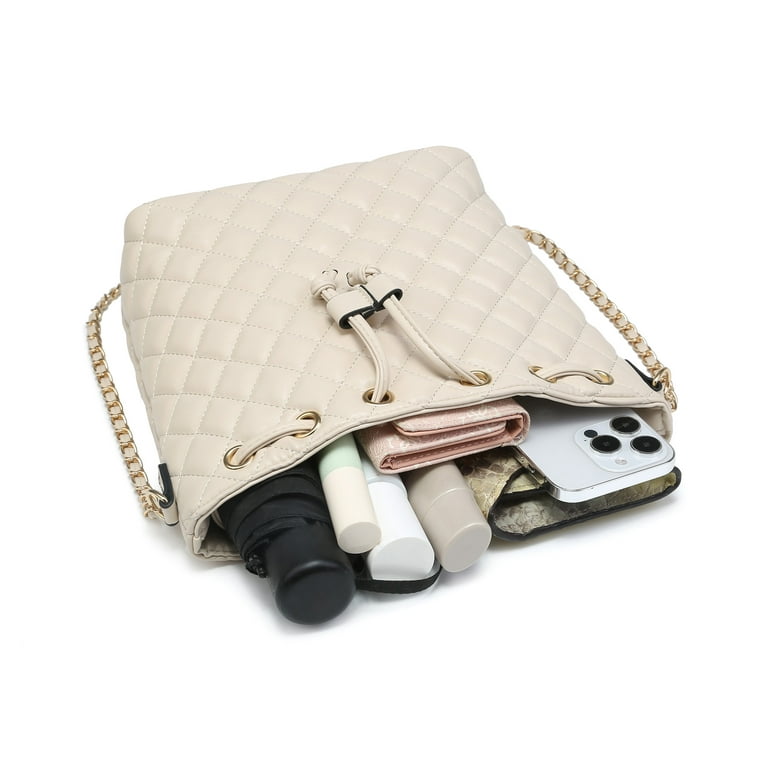 Poppy Womens Leather Quilted Crossbody Bag Handbags Purses Drawstring  Bucket Shoulder Bag Satchels Messenger Bag 