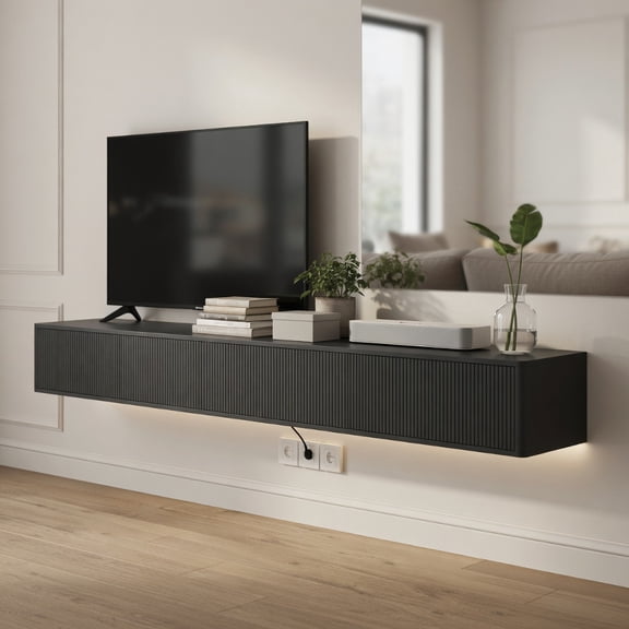 Topcobe Floating TV Stand, Wall Mounted TV Shelf with LED Lights & Power Outlet, High Gloss TV Cabinet for TV Stands for Living Room, Wood TV Stand for Living Room
