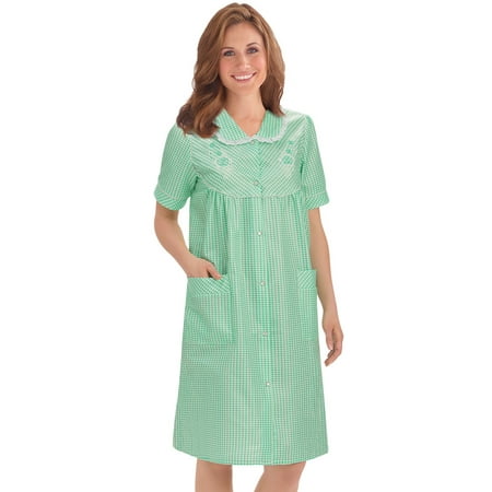 Gingham Robe with Floral Accents, Snap-Front Closure and Lace Trim