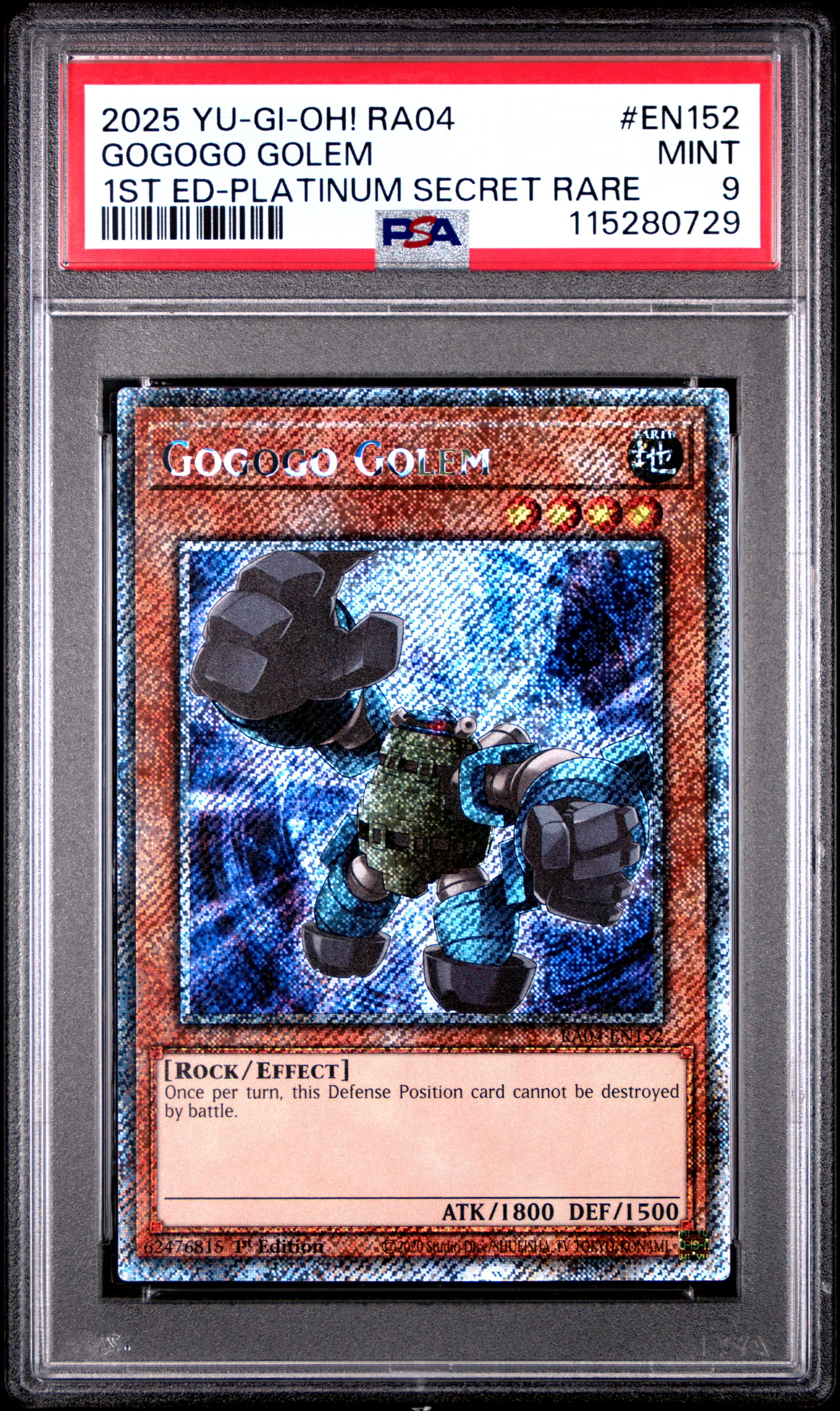 Yu Gi Oh! TCG, PSA Graded 9 MINT, Gogogo Golem 1St Ed Platinum Secret Rare #EN152, Ra04 Quarter Century Stampede, Fully Encapsulated Bundle with Compatible Yu Gi Oh! Hard Sealed Case