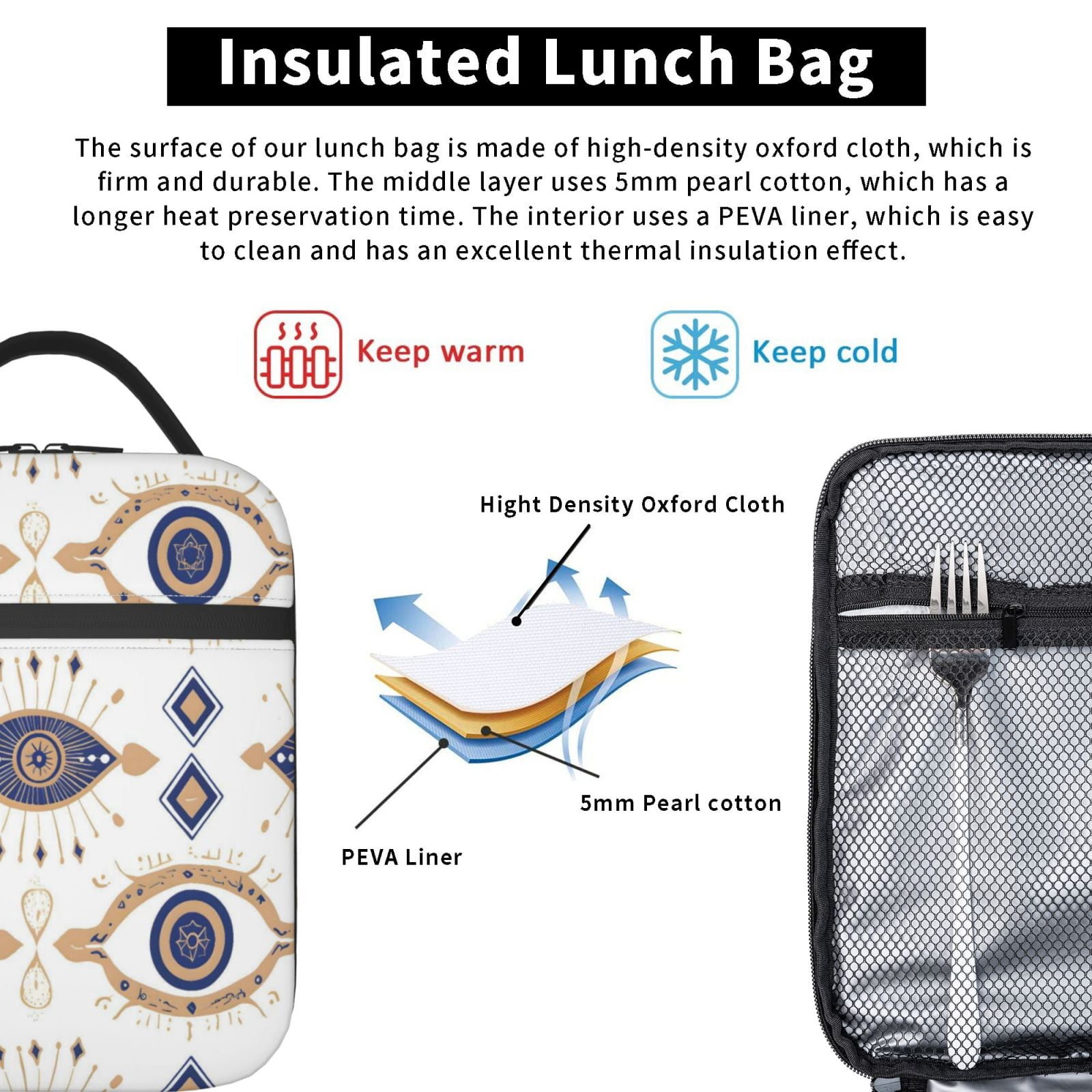 Lunch Bag For Women Men Insulated Portable Lunch Box Bento Box Office Picnic Travel Cooler Bag Gold Foil Illustration Of An Evil Eye