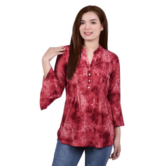 3/4 Bell Sleeve Pleat Front Y Neck