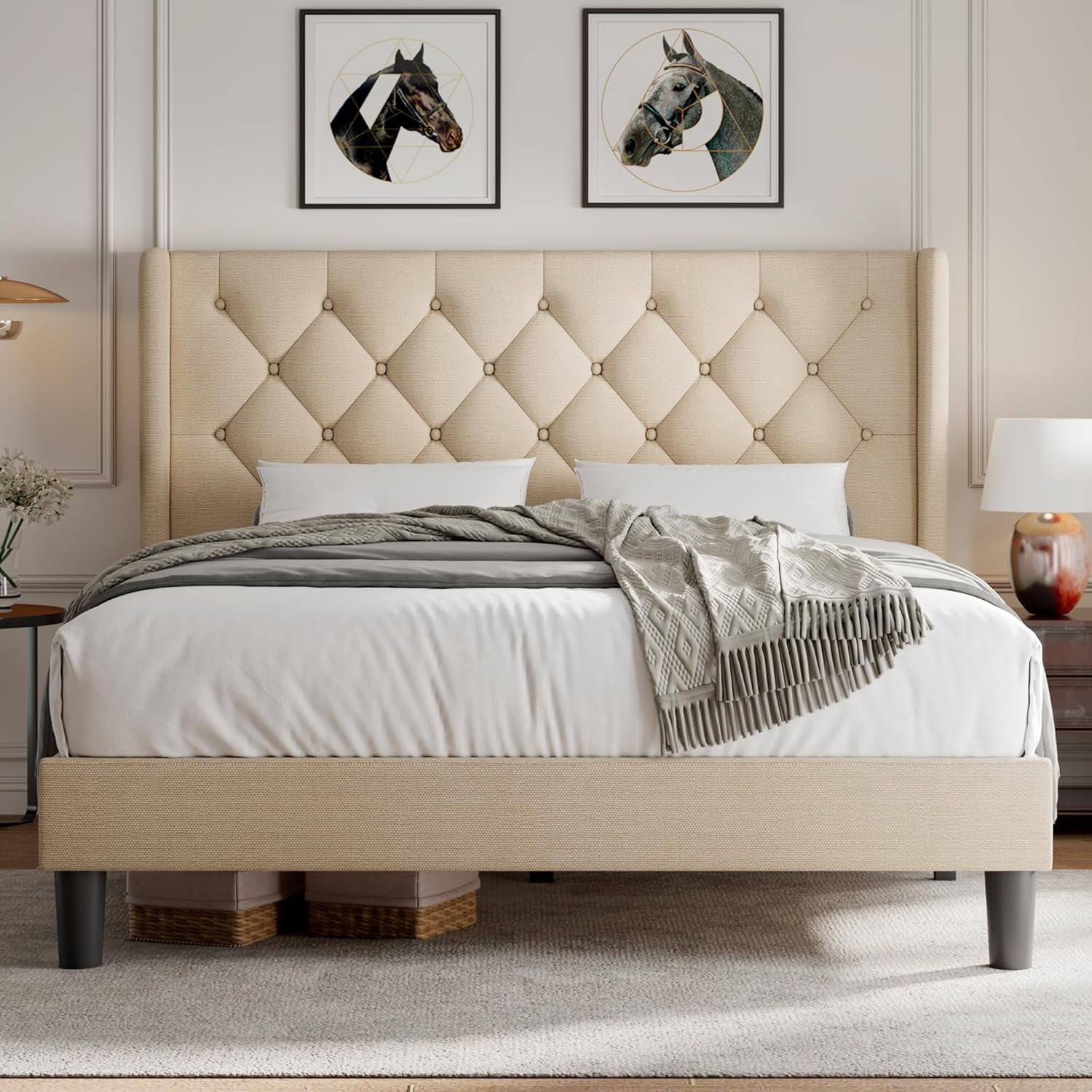 iPormis Queen Size Bed Frame with Diamond Button Tufted Wingback Headboard, Upholstered Platform Bed Frame with Strong Wood Slat Support, No Box Spring Needed,Beige