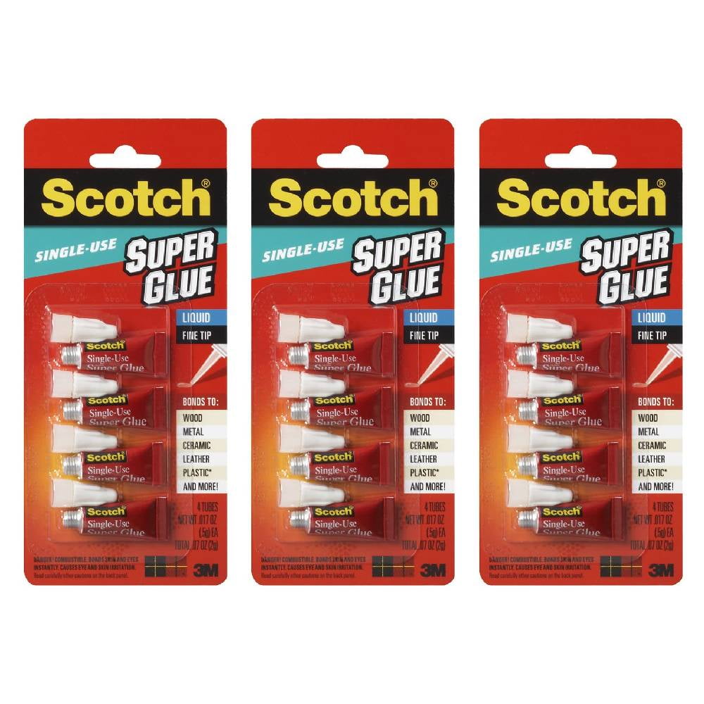 Scotch Super Glue Liquid Adhesive 0.07 Ounce Fine Tip Single Use 4 Tubes 3M AD114, 3-Pack