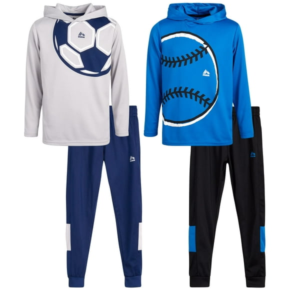 RBX Ensemble de Survêtement pour Garçons – Ensemble de 4 Pcs avec Chandail à Capuchon de Sport Thermique et Pantalon Jogger en Tricot (8-12), Taille 10, Baseball Bleu/soccer Gris