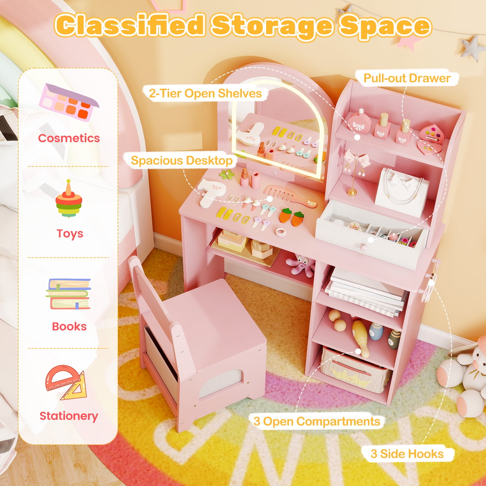 Gymax Kids Vanity Set Princess Girls Makeup Vanity Desk w/ 3-Color LED Lighted Mirror Pink