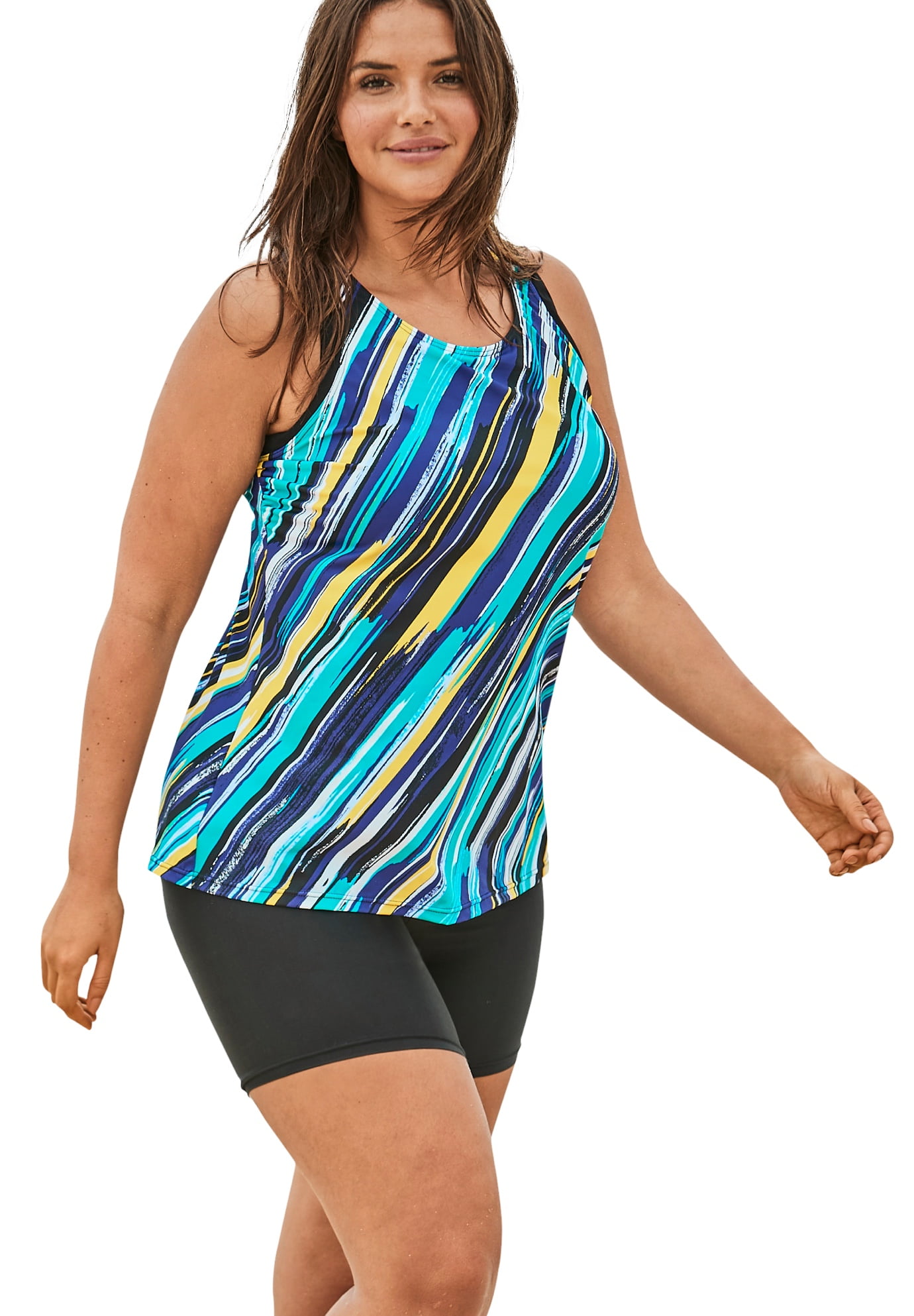 For All Women's Size Longer-Length Racerback Tankini Top 24 Turq Painterly Stripe - Walmart.com
